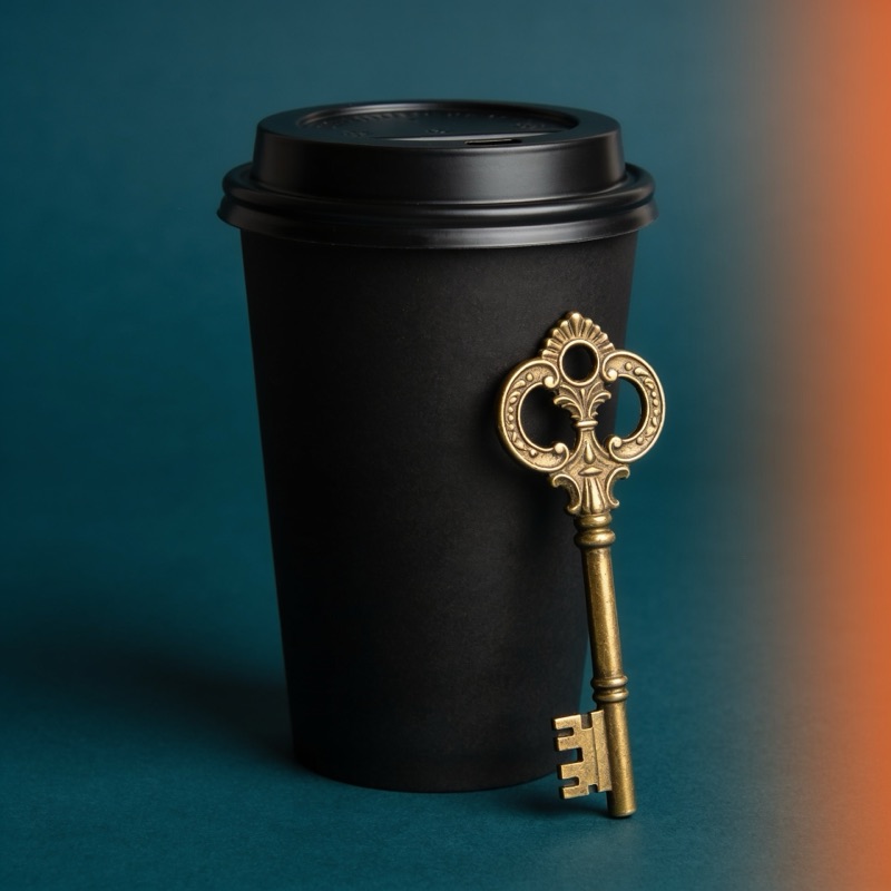 Happy Monday bei Escapegame Augsburg – schwarzer Kaffeebecher mit goldenem Schlüssel